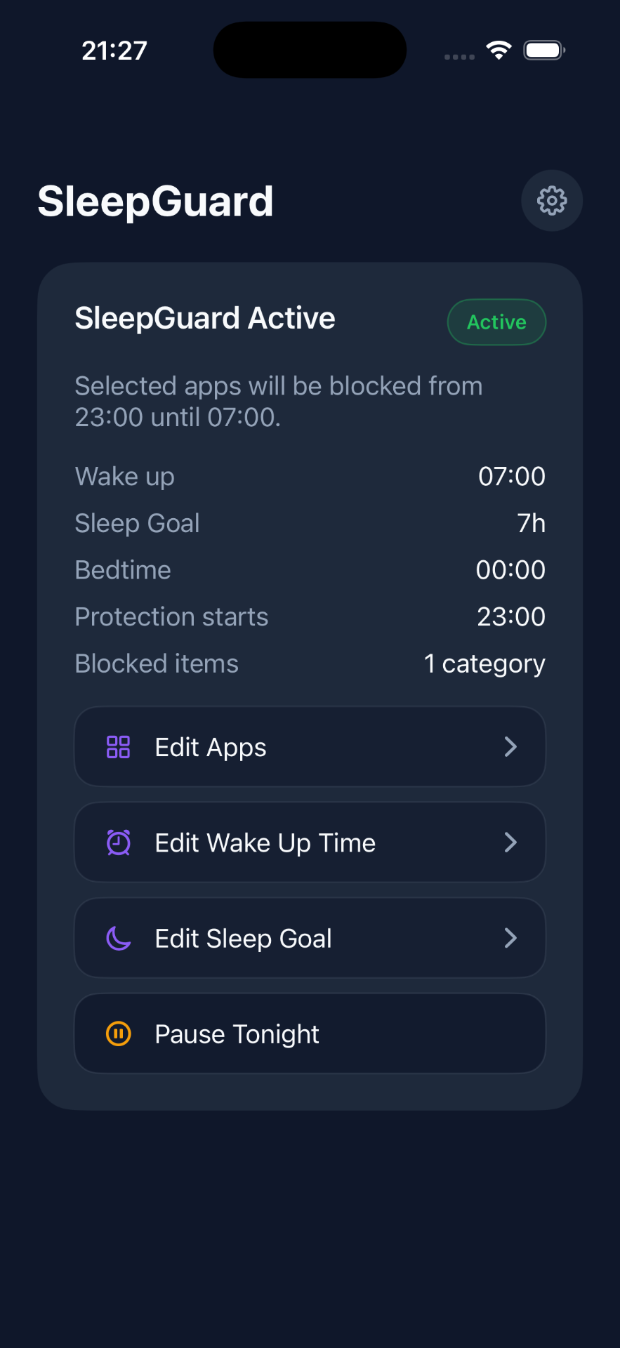 SleepGuard active dashboard with edit and pause controls