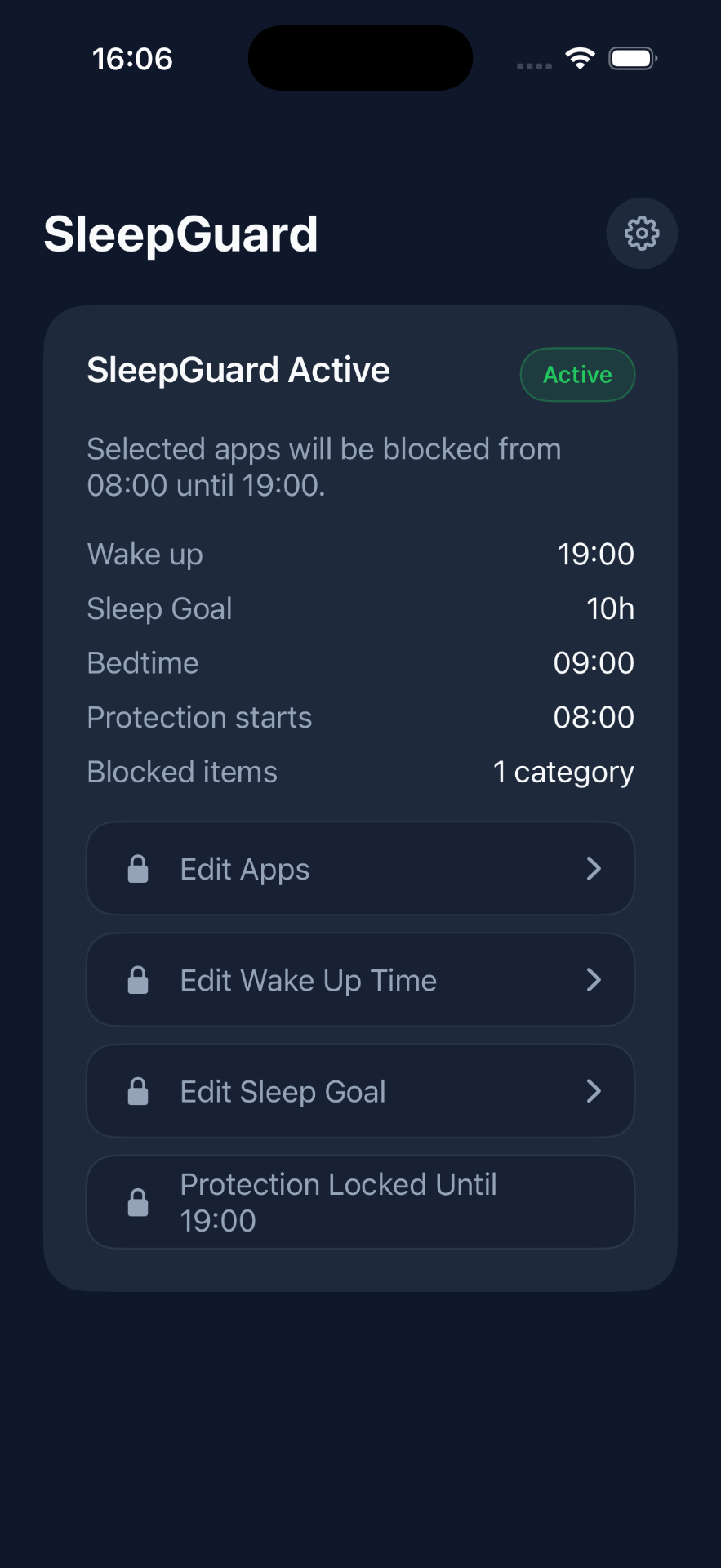 SleepGuard active status screen showing wake-up, bedtime and protection schedule