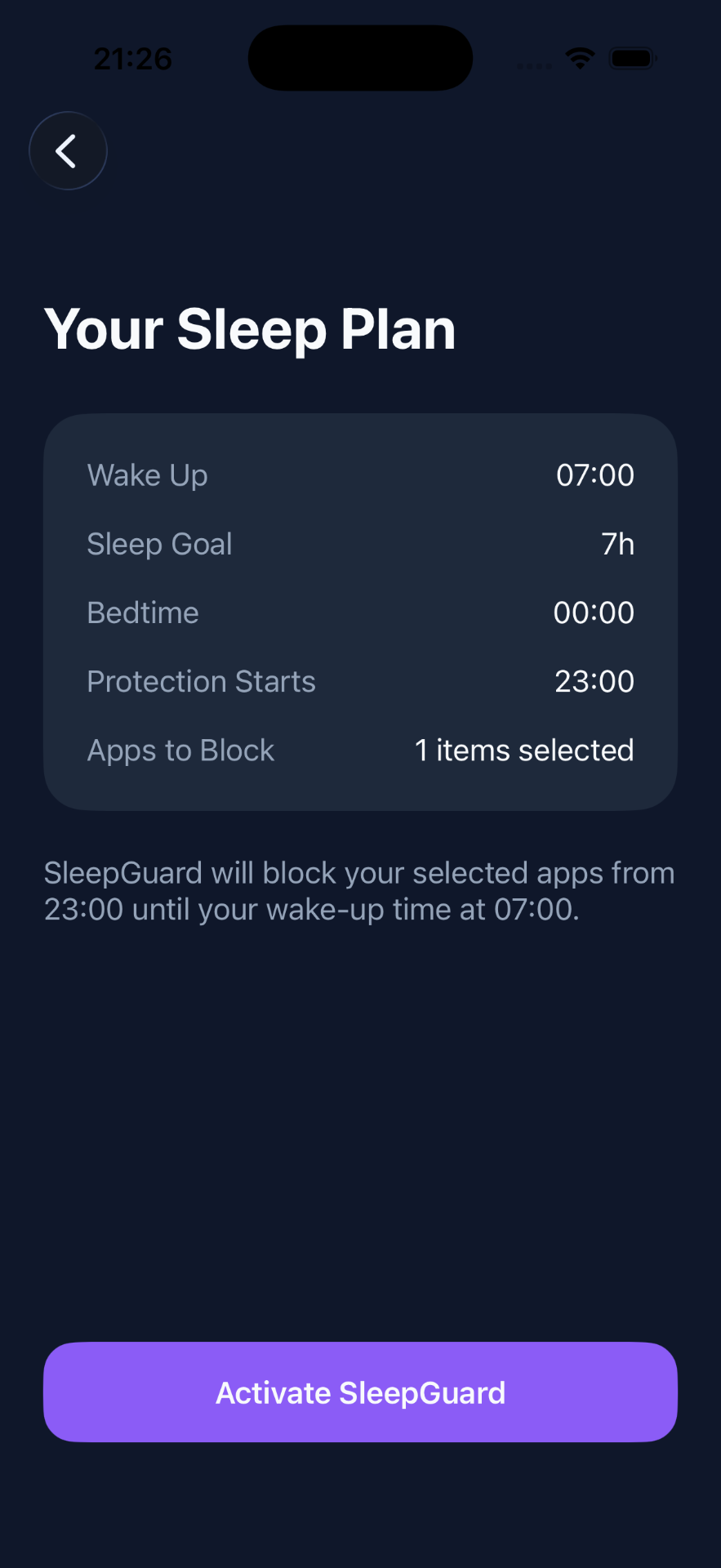 SleepGuard sleep plan summary with wake-up, bedtime and apps to block